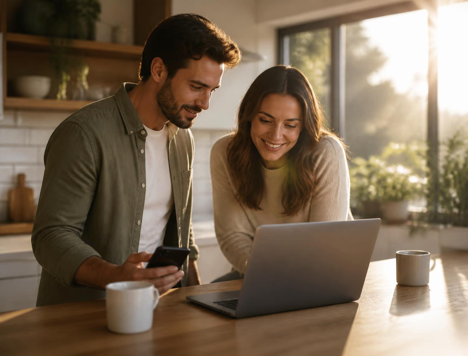 A couple comparing loan offers together on a laptop at home