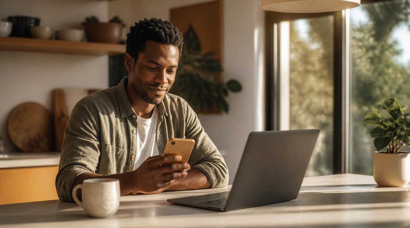 A man comparing crypto-backed loan offers on his phone at home