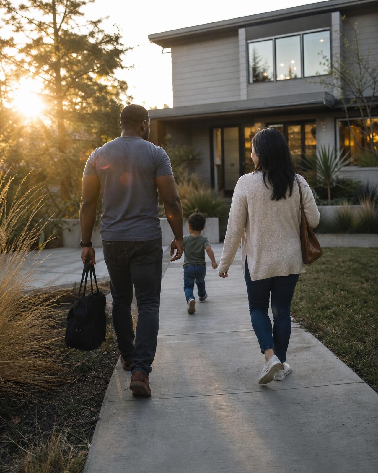 A family arriving at their modern American home together
